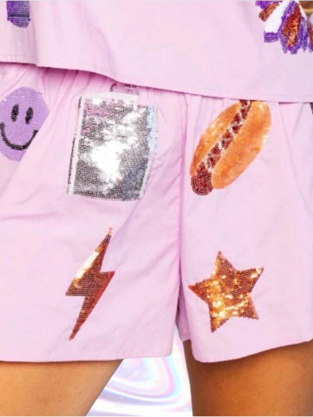 QUEEN OF SPARKLES Purple and Orange Icon Sequin Game Day Shorts ⚾️⚽️🏈🏀